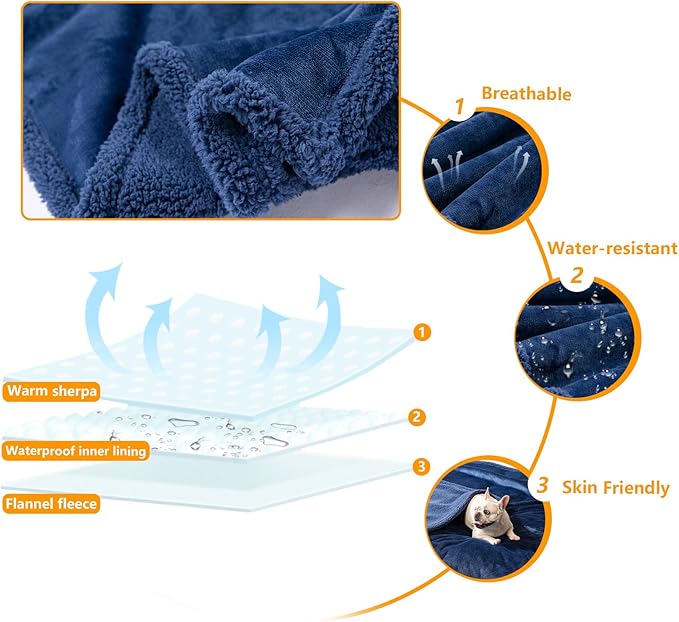 Navy Blue Dog Blanket for Pets Reversible Fluffy Pet Bed Cover Mats Waterproof Puppy Blankets Leakproof Sofa Couch Washable Cover Cat Pet Blanket for Warm-Navy Blue,M