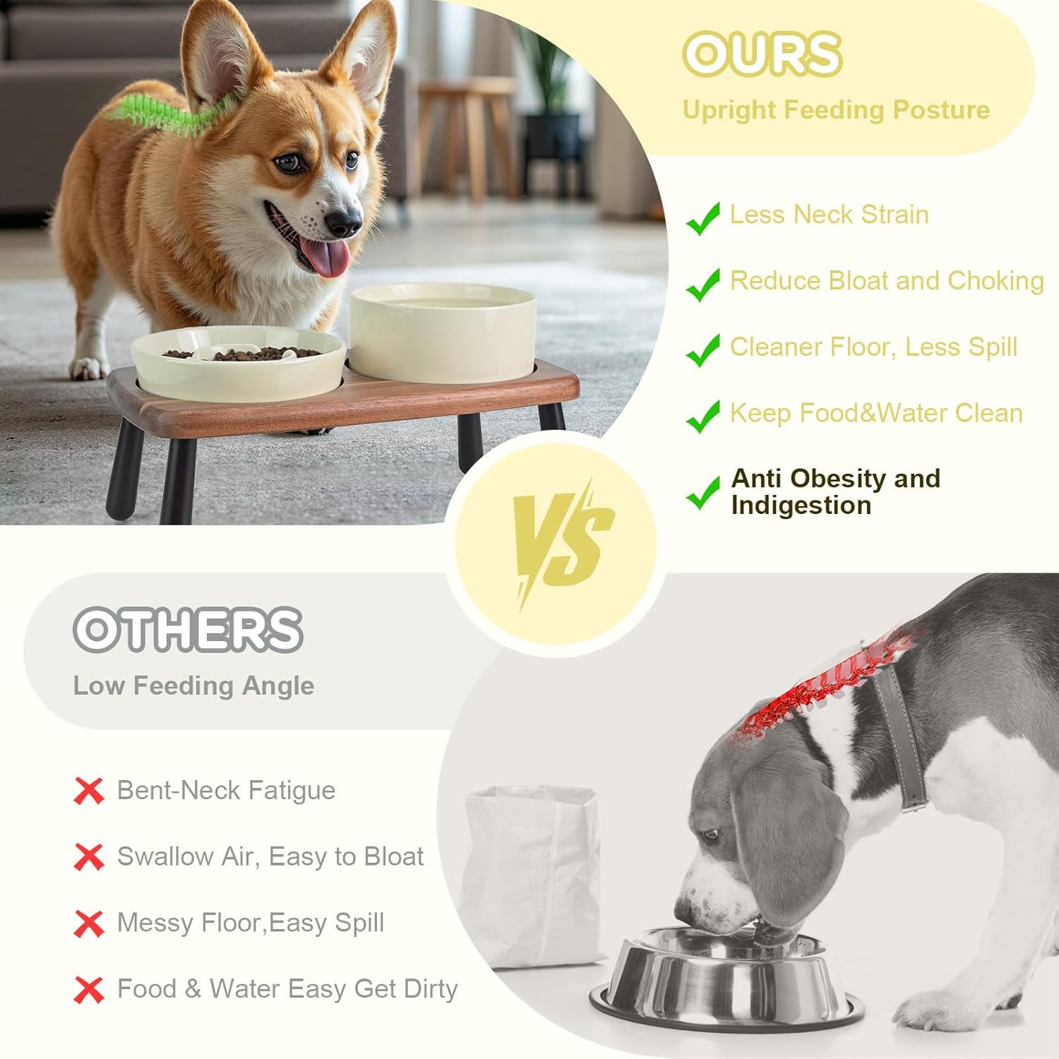 SPUNKYJUNKY Ceramic Elevated Dog Bowls with Slow Feeder Raised with Acacia Bamboo Wooden Stand, 6.1'' Dog and Cat Food Water Bowls Set Non-Slip for Small Medium Sized Breed - Beige