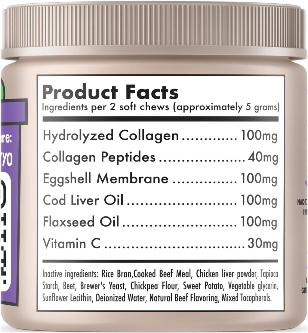 Collagen Dog Chews for Joint & Skin Health 120 Soft Chews All Breeds Mobility, Cartilage Repair & Pain Relief Hip & Joint Skin Coat Anti-inflammatory Support Eggshell Membrane Senior & Adult Dogs