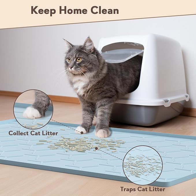 Silicone Cat Litter Trapping Mat, Large Waterproof 34" X 22" Cat Litter Box Mat, Easy to Clean, Blue