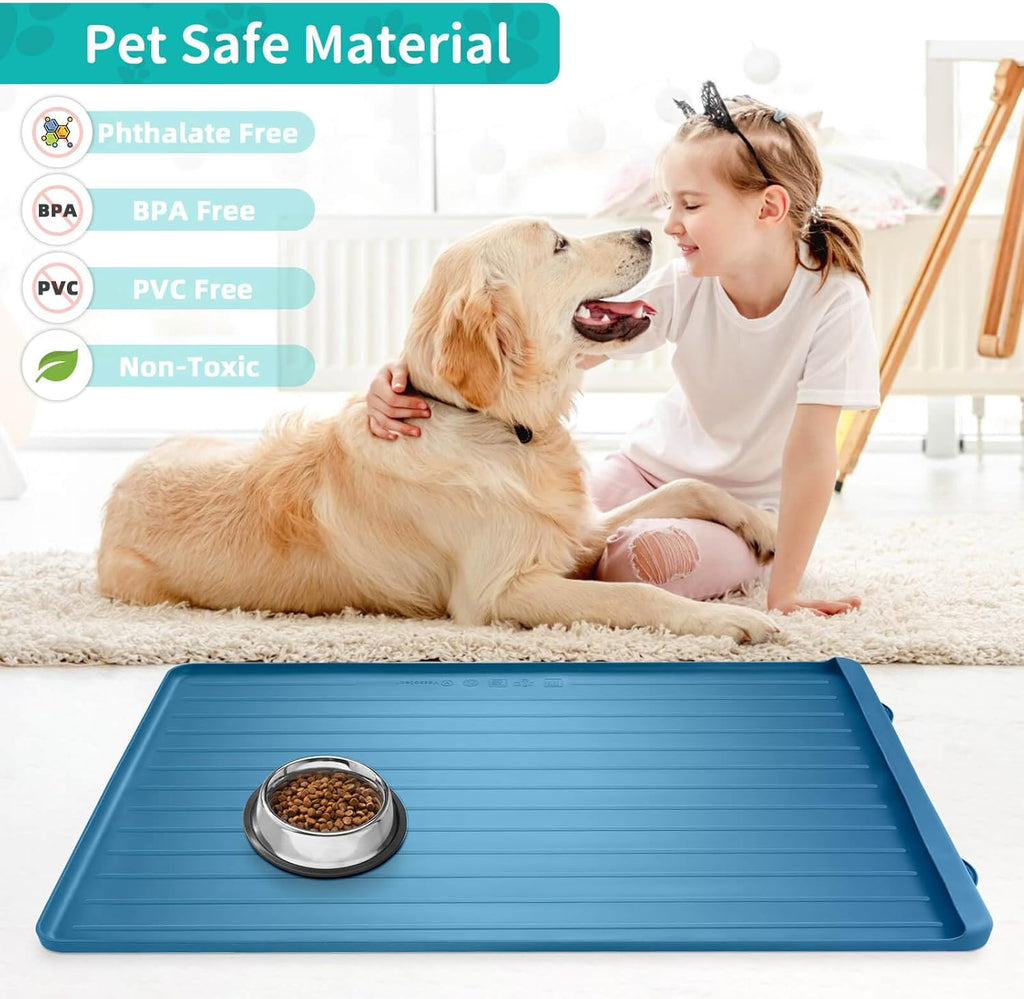 Dog Mat for Food and Water - 39.4" x 27" Large Pet Feeding Mats with Residue Collection Pocket - Waterproof Dog Cat Bowl Mat with High Edges to Prevent Water and Food Spills (Navy)