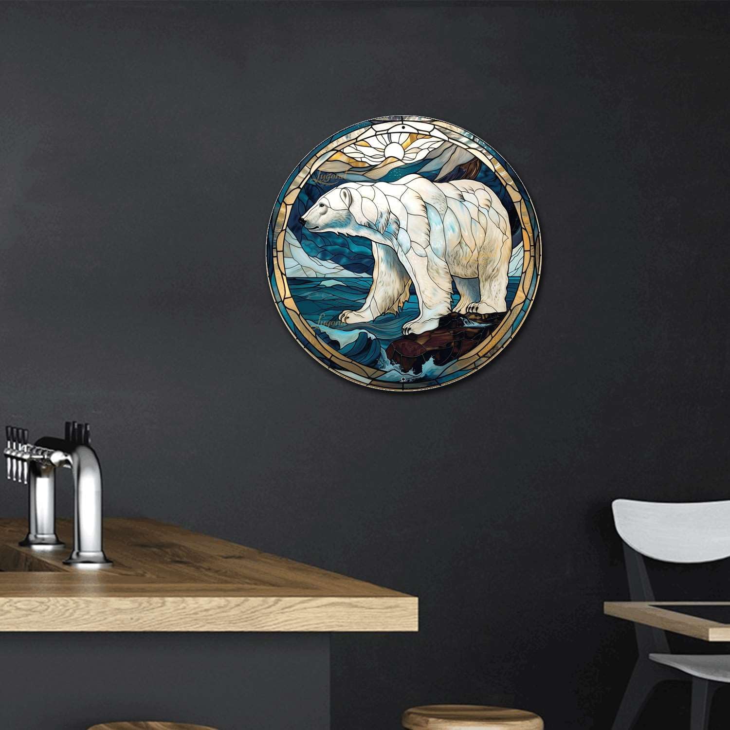 Lygond Metal Tin Sign - Circular Stained Glass Polar Bear Garage Sign For Home Decor - 8x8 Inches