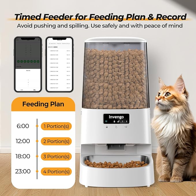 Automatic Cat Feeder with App Control, 5L Food Dispenser for Cats and Small Dogs, 2.4/5G Wi-Fi, Dual Power, Programmable Portions, Anti-Jam & Fresh-Lock, Stainless Steel Bowl, Easy to Clean
