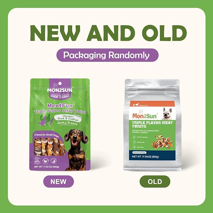 MON2SUN Dog Treats, Triple Flavor Jerky Twist Sticks, 4.5-5 Inch Chicken Duck and Codfish Sticks Chews for Small Dogs, Healthy Snacks, 17.64 oz (50 Count-Pack of 1)