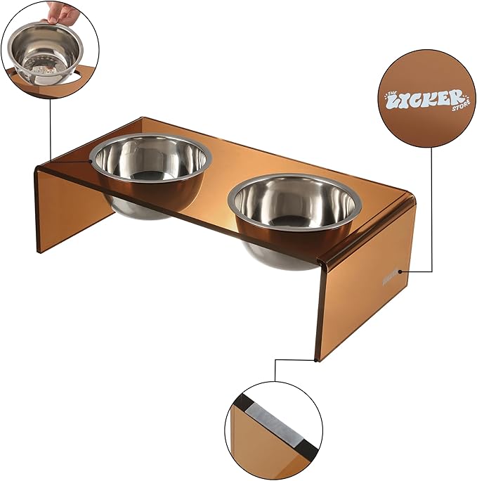 The LICKER Store DBL2000D Keaton 5" Small/Medium Modern Acrylic Rectangular Elevated Pet Feeder with 20oz 2-Stainless Steel Bowls, Amber/Chrome