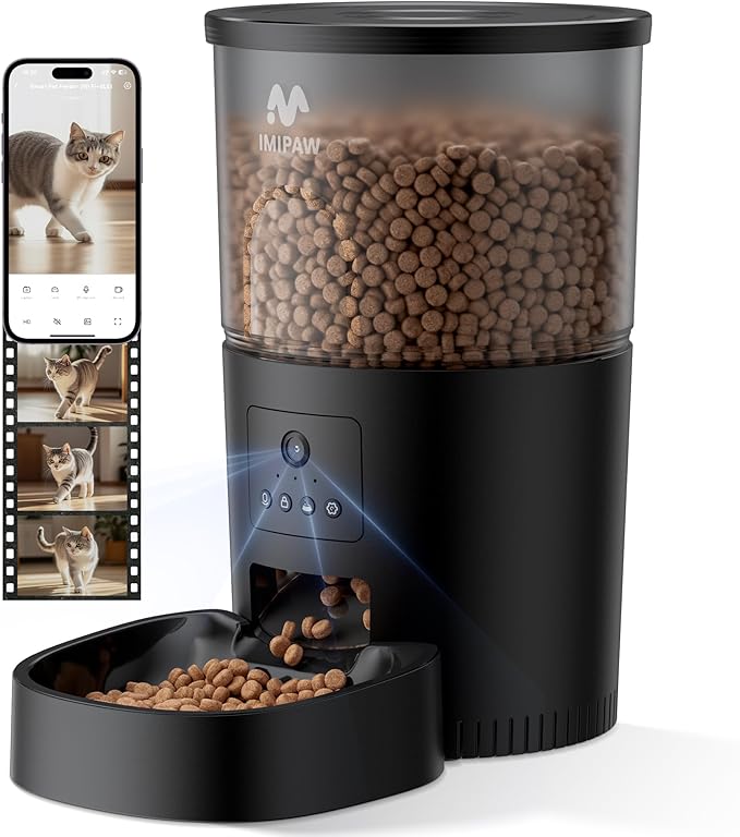 IMIPAW Automatic Cat Feeder with Camera, 1080P HD AI Pet Recognition Recording, 5G WiFi APP Remote Control, Timed Programmable Food Dispenser, Two-Way Audio, with Night Vision Function and Desiccant