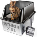 Tripamin 15” XL Stainless Steel Cat Litter Box Enclosure, XXL Stainless Steel High Sides with Lid, Extra Large Metal Cat Litter Box (Translucent Black, XX-Large)