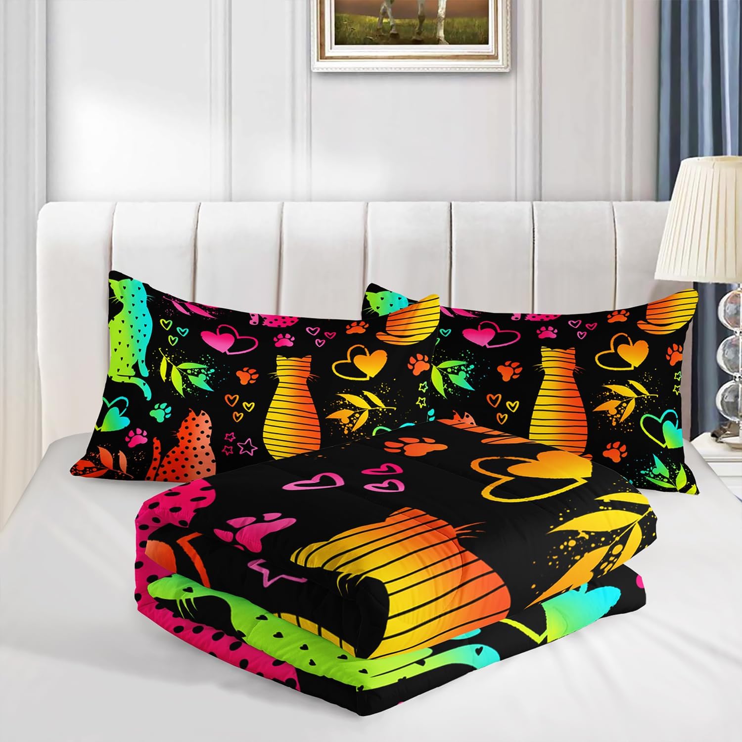 Kawaii Cat Animal Comforter 3Pcs Queen Lovely Pet Cat Bedding Set for Kid Teen Girl Boy Adult Room Decor Cartoon Kitten Paw Heart Bamboo Leaf Pattern Quilt with 1 Comforter and 2 Pillowcases