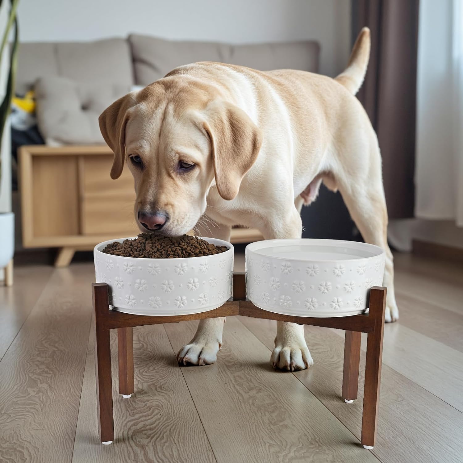SPUNKYJUNKY Ceramic Dog Bowls Dog Bowl Set with Acacia Wood Stand Raised Dog Bowl Dog Food and Water Bowl for Small Medium Sized Dog (21cm)