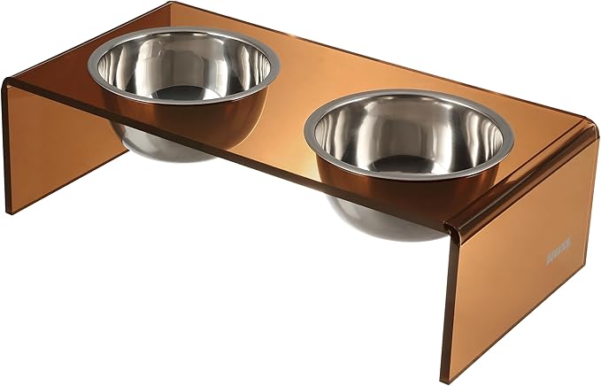 The LICKER Store DBL2000D Keaton 5" Small/Medium Modern Acrylic Rectangular Elevated Pet Feeder with 20oz 2-Stainless Steel Bowls, Amber/Chrome