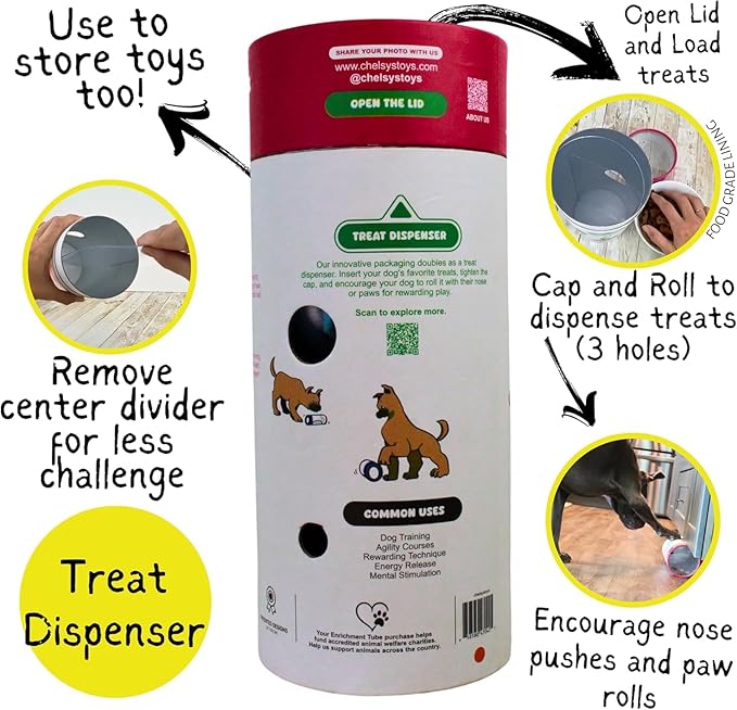 Chelsy's Toys 3-in-1 Enrichment Tube for Dogs - Tug Toy, Treat Dispenser & Snuffle Ball | Fleece Rope Dog Toy | Tug of War | Interactive Dog Treat Puzzle for Dogs & Puppies | Wet/Freeze Teether (Lav)