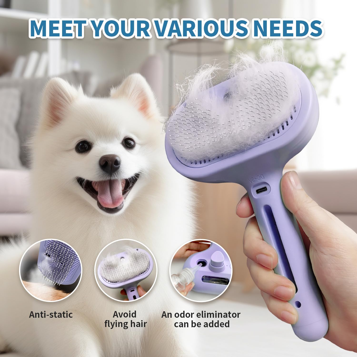 3 in 1 Steam Cat Brush for Shedding - Self-Cleaning Dog Grooming Tool for Long and Short Hair Pets - Removes Static, Flying Hair, and Loose Fur (Purple)