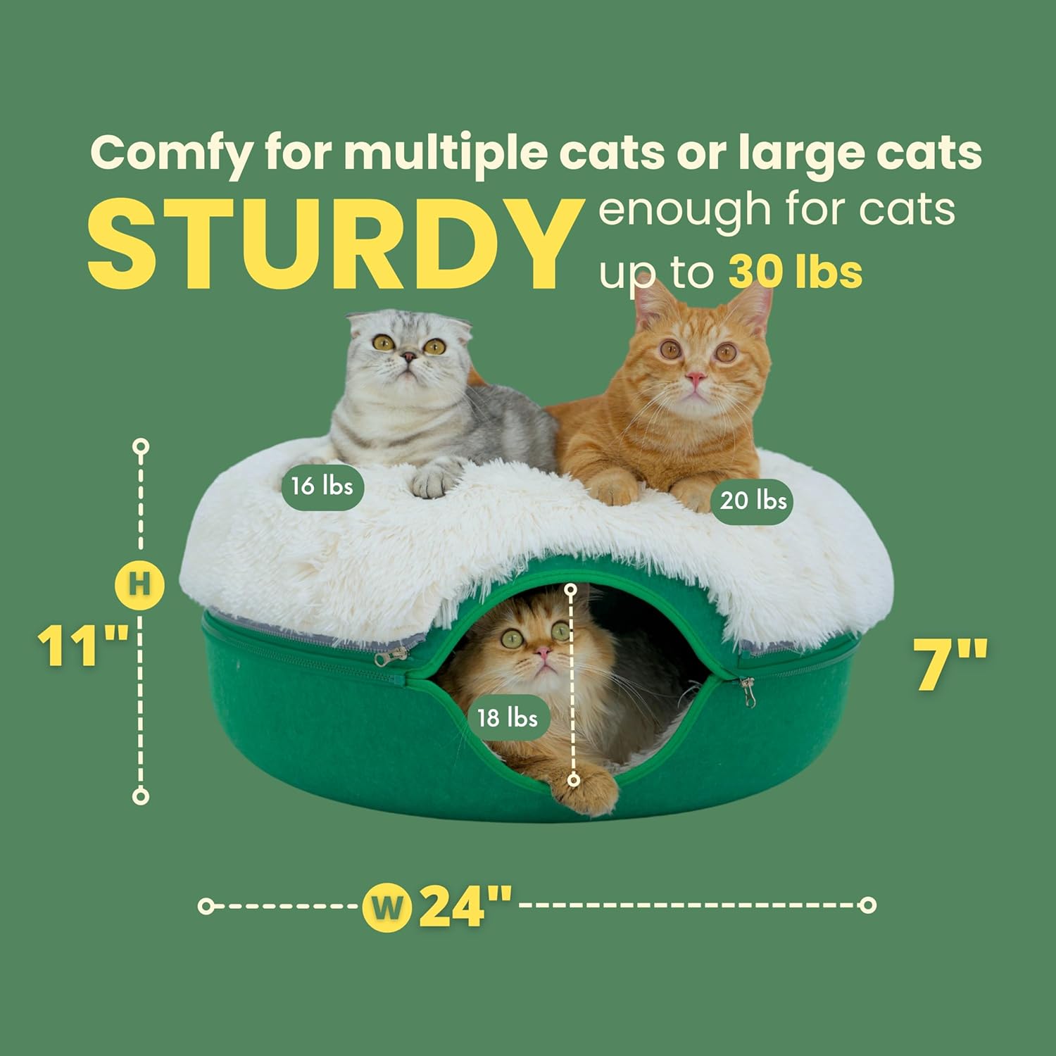 CATTASAURUS Peekaboo Cat Cave for Multiple & Large Cats Up to 30-45 Lbs, Fluffy Cat Beds & Furniture, Scratch Detachable & Washable Tunnel Bed, Comfy Donut Bed (Forest Green, Large (Calming))