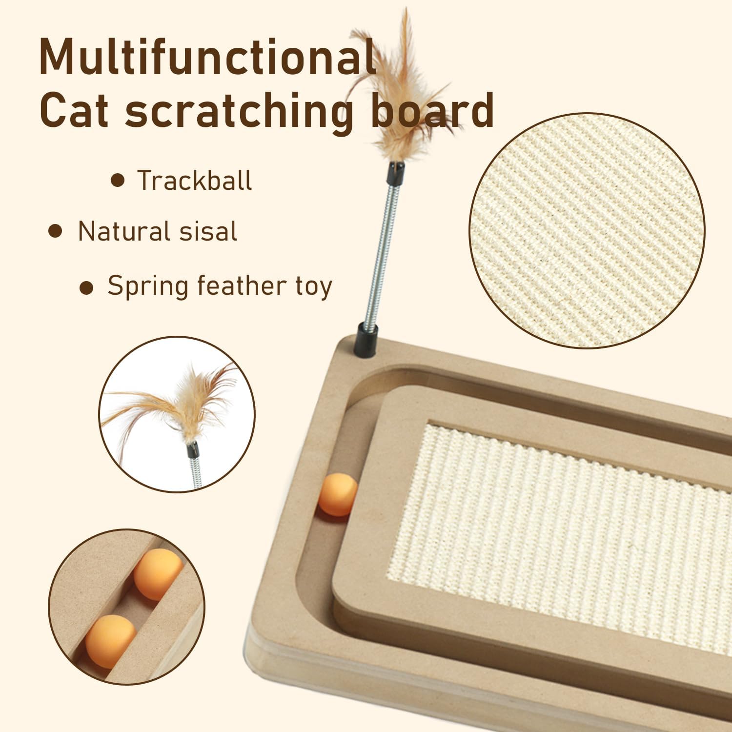 PEEKAB Cat Scratcher,Sisal Scratching Board with Track Ball Interactive Toy and Swing Feather Toys for Indoor Cats and Kittens,Large Heavy Durable