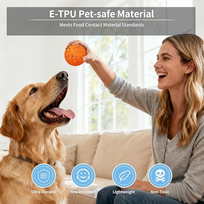 Interactive Dog Toys Dog Ball, Durable Motion Pet Toys for/Small/Medium/Large Dogs, Christmas Birthday Gifts, Automatic Moving, Bouncing and Rotating, E-TPU Material, IP54 Waterproof (Orange)