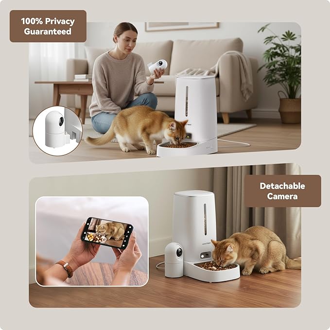 Automatic Cat Dog Feeder 4L with Camera, 1080P HD Video with Night Vision, Removable Camera, 2.4G/5G WiFi Smart Pet Food Dispenser with AI Function(Sub Required), 2-Way Audio, Tuya APP