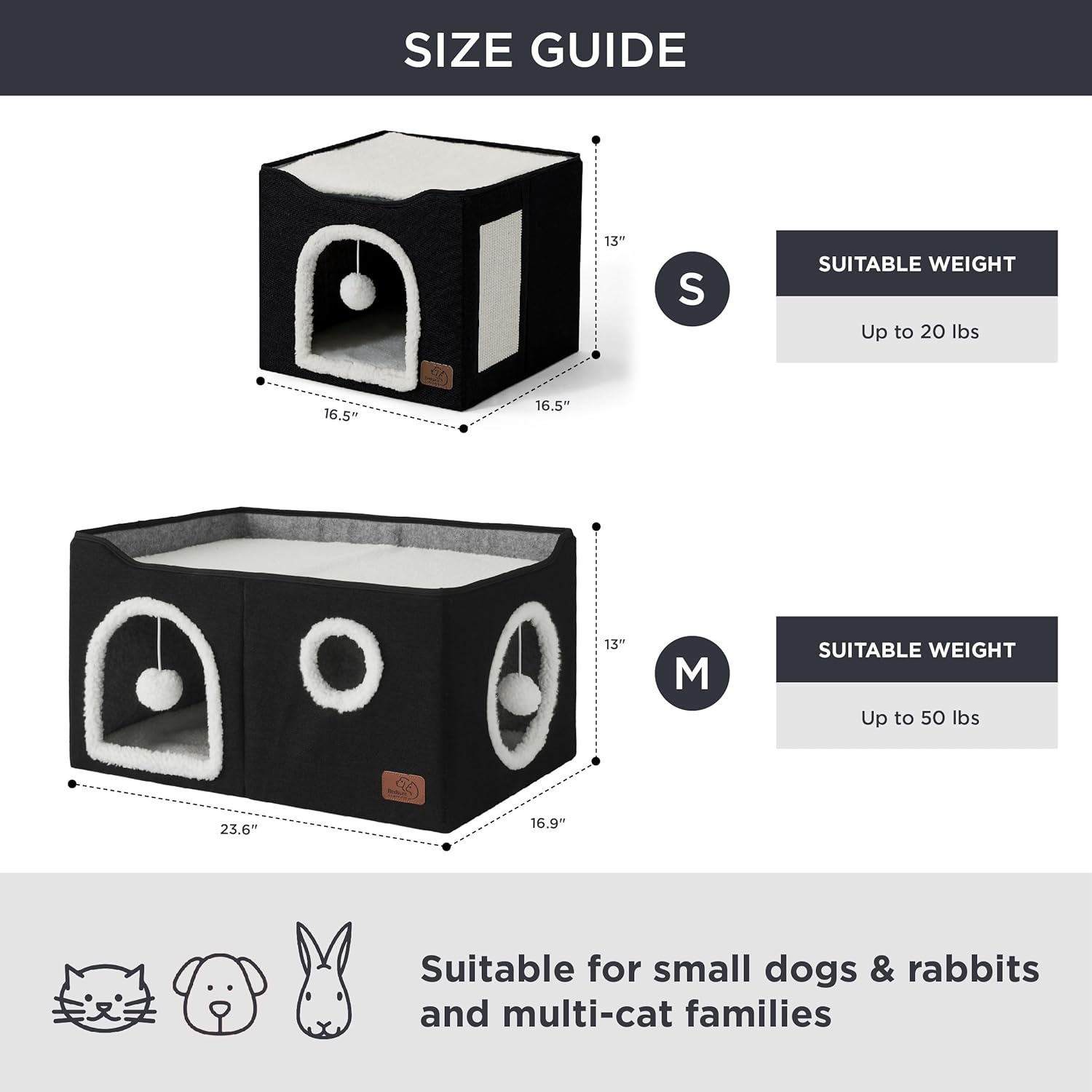 Bedsure Large Cat Beds for Indoor Cats - Extra Wide Cat Cube House for Small Pet with Fluffy Ball Hanging and Scratch Pad, Foldable Pet Cave Hideaway for Multiple Cats, 23.6x16.9x13 inches, Black