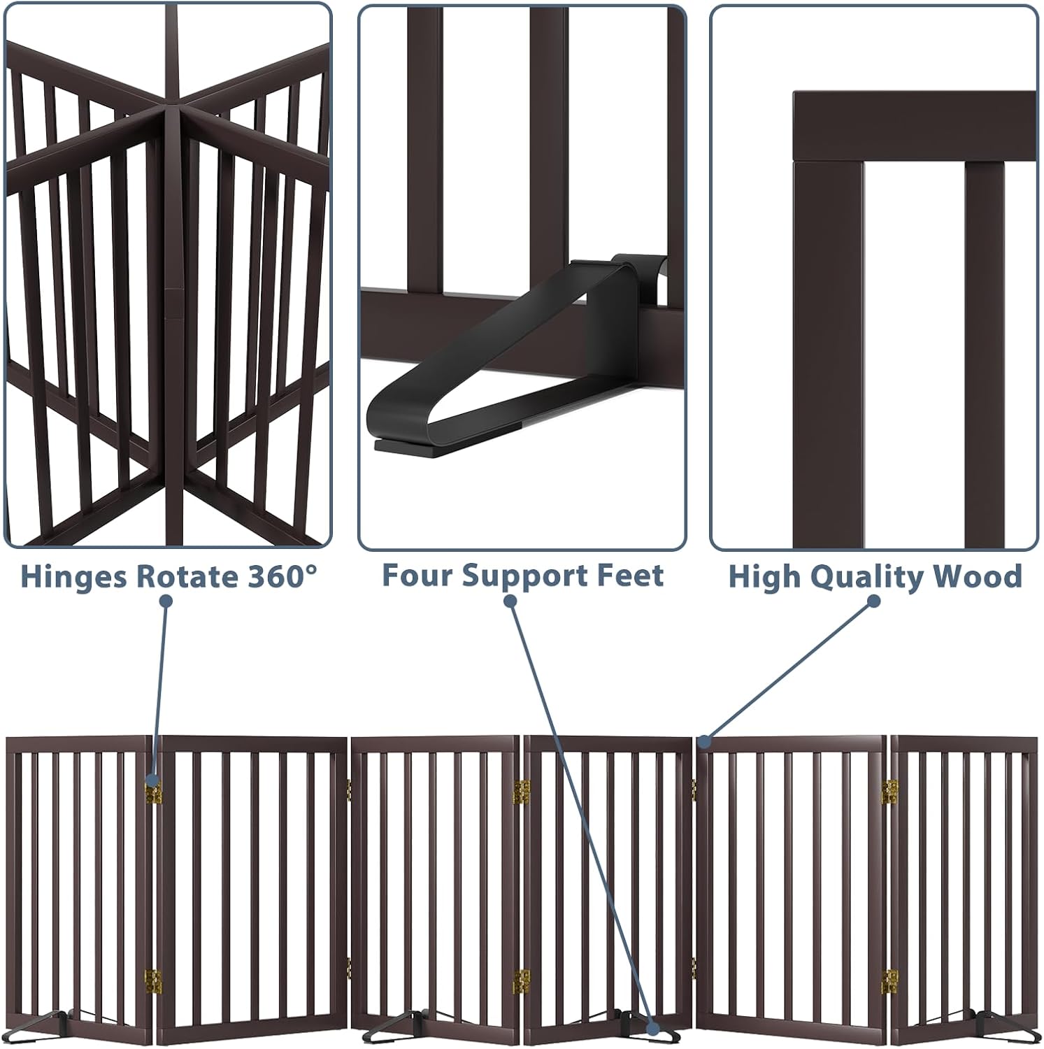 Dog Gates for The House Doorways Extra Wide 110 Inches Wood Freestanding Pet Gates for Dogs Indoor Fence with Support Stands