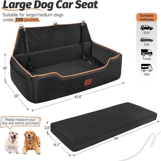 Large Dog Car Seat for Dods Under 100 Lbs, Memory Foam Dog Car Bed for Backseat & Trunk, Detachable and Washable Cover, Pet Travel Seat with Storage Pockets, 2 Safety Belts