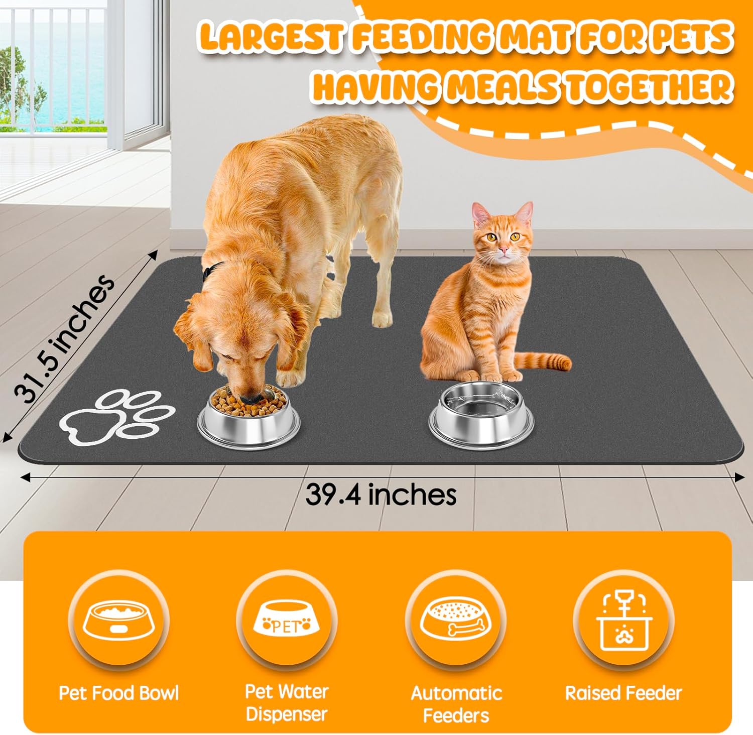Dog Food Mat, 39.4"x31.5" Largest Absorbent Dog Mat for Food and Water, Non Skid Cat Bowl Mat, No Stains Quick Dry for Pet Water Dispenser Pet Supplies for Messy Drinkers