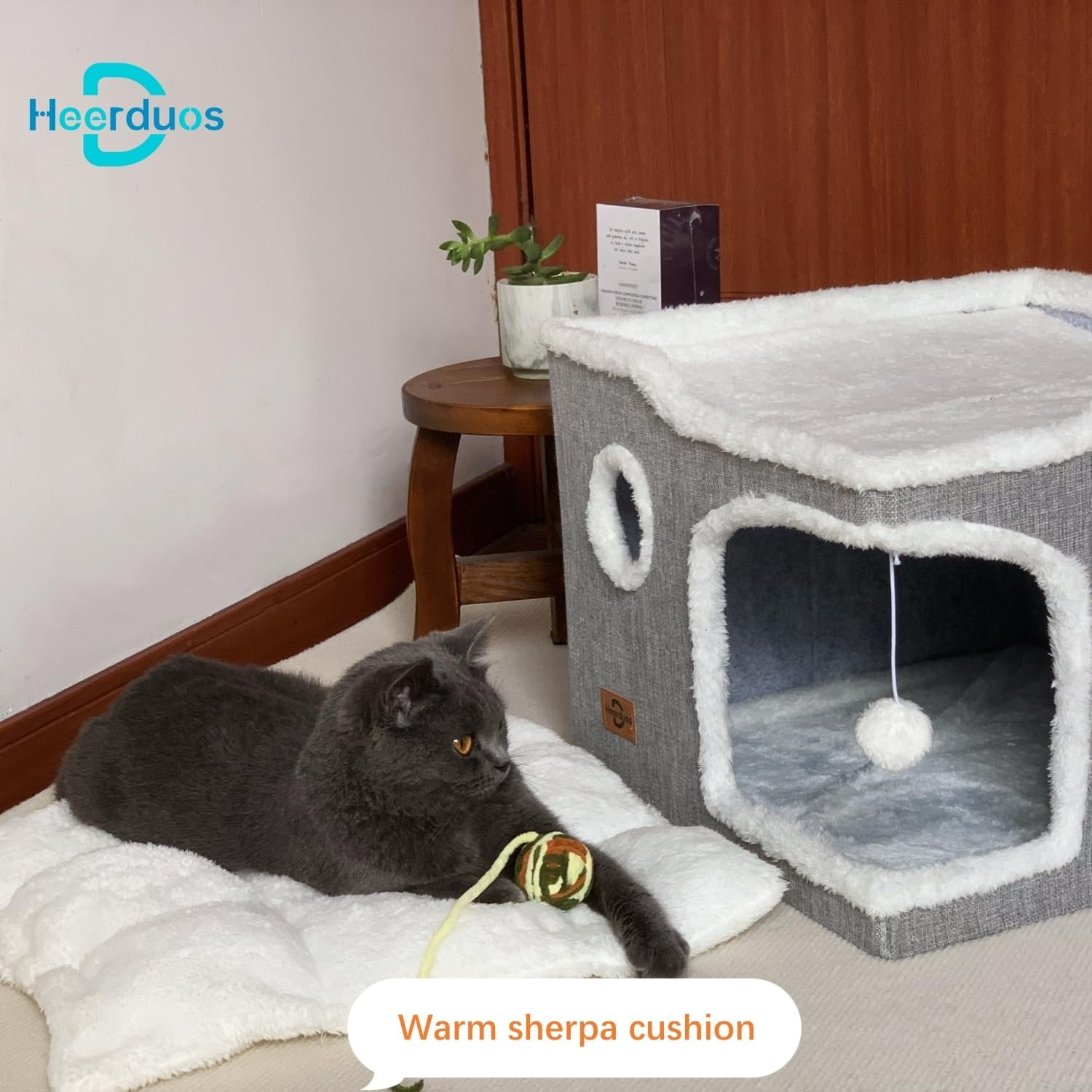 Cat Bed for Indoor Cats,Covered Cat Cave House & Furniture with Scratch Pad,Foldable Cat Hideaway Hut Cute Cat Condo with Soft Washable Mat for Multi Small Pet Under 30 lbs,Khaki