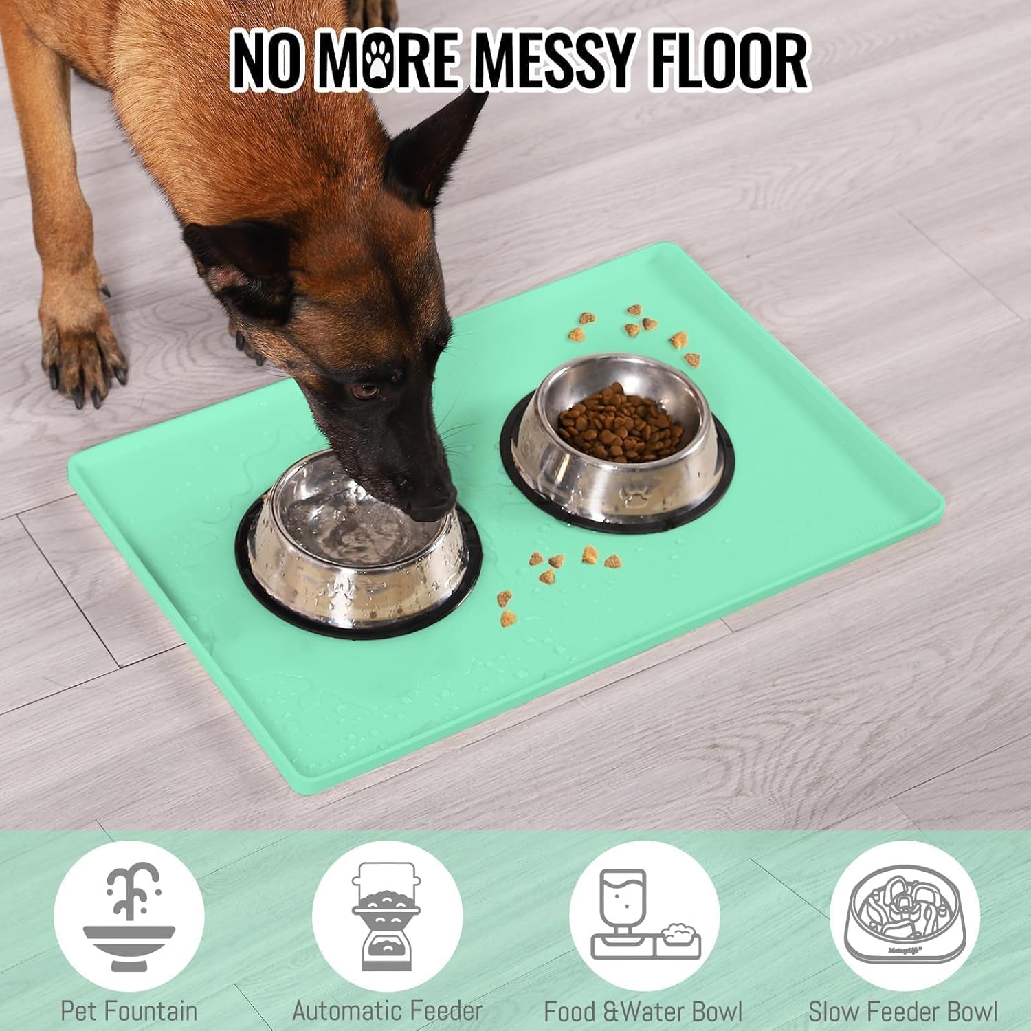 MateeyLife Dog & Cat Food Mat - Waterproof, Nonslip Dog Bowl Mats with Raised Edges, Silicone Matt Tray for Messy Drinkers, 22"x14", MintGreen