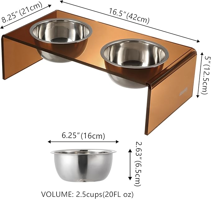 The LICKER Store DBL2000D Keaton 5" Small/Medium Modern Acrylic Rectangular Elevated Pet Feeder with 20oz 2-Stainless Steel Bowls, Amber/Chrome