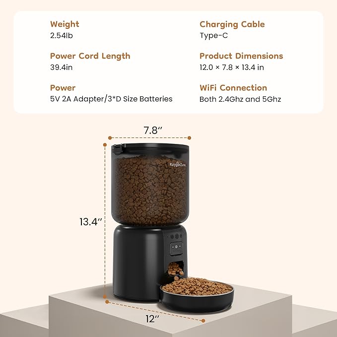 Smart Automatic Pet Feeder with 2MP HD Camera, App Control via 2.4G/5G WiFi, Dual Power System & Voice Recording, 4L Food Dispenser for Cats and Small Dogs, Black