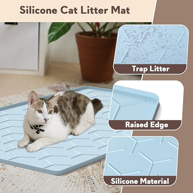 Silicone Cat Litter Trapping Mat, Large Waterproof 34" X 22" Cat Litter Box Mat, Easy to Clean, Blue