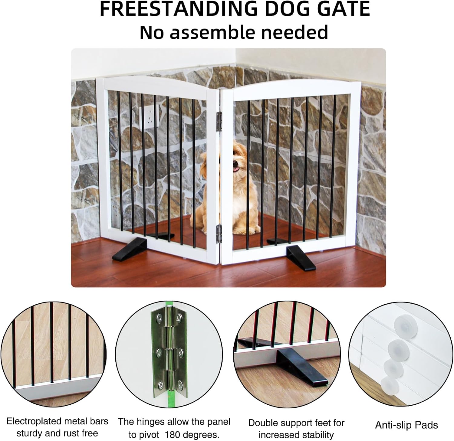 Freestanding Panel Dog Gate for Indoor, Doorways,Stairs, or Hallways,Foldable Wooden Dog Gates for House,Pet Gate for Dogs,Dog Fence, Puppy Gate,Support Feet Included,32 "Height-2 Panels,White