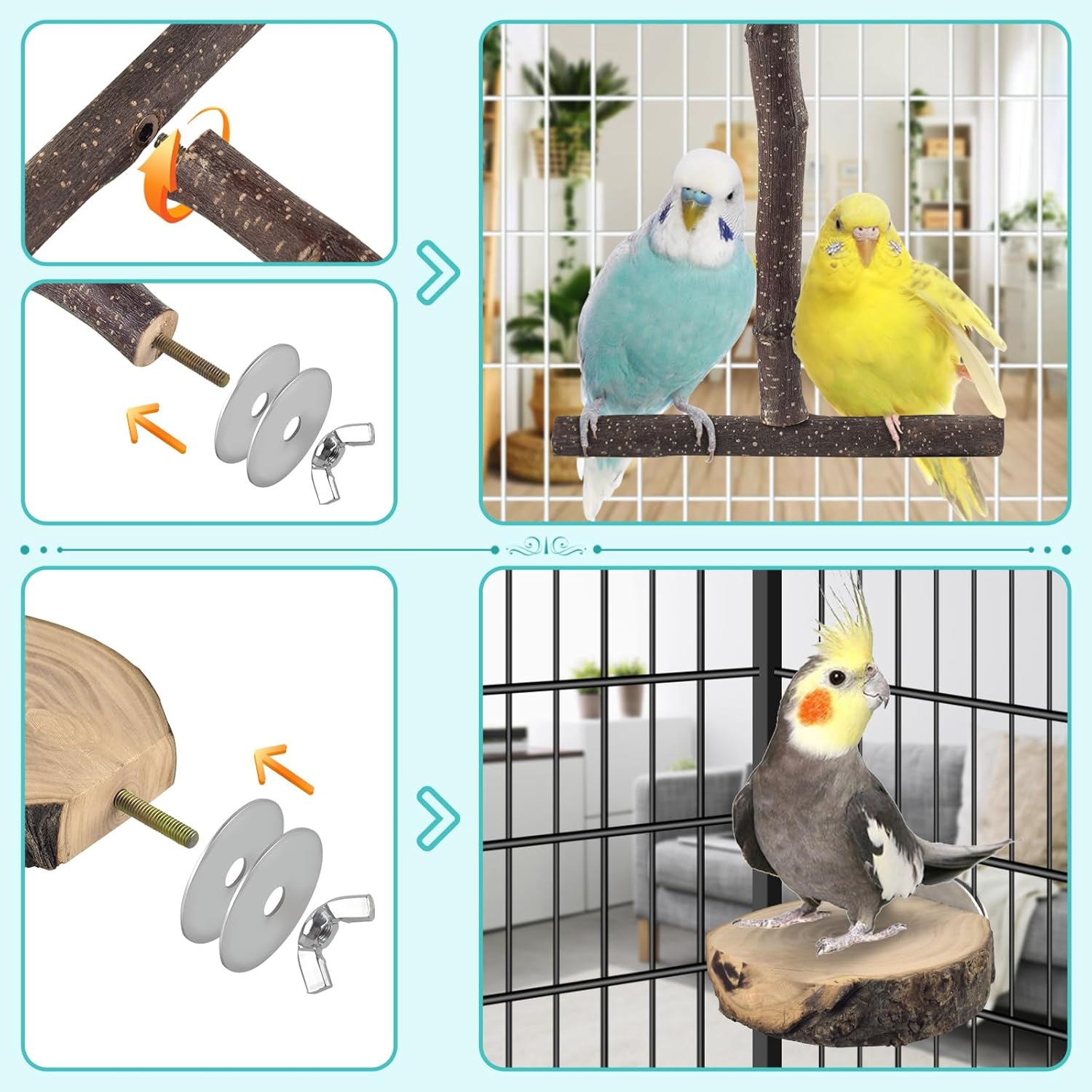 Bird Perches, 6 Pcs Natural Wood Parrot Perch Stand Chew Toys, Hanging Multi-Branch Parrot Perch Platform Swing Toy Cage Accessories for Small Parakeets, Budgies, Lovebirds, Canaries, Finches