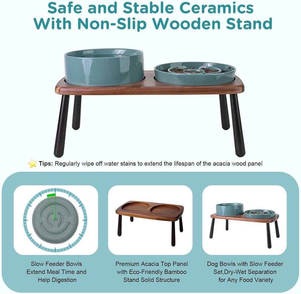 SPUNKYJUNKY Ceramic Elevated Dog Bowls with Slow Feeder Raised Acacia Bamboo Wooden Stand, 8.3'' Dog Food Water Bowls Set Non-Slip for Medium Large Sized Breed Microwave Dishwasher Safe - Dark Green