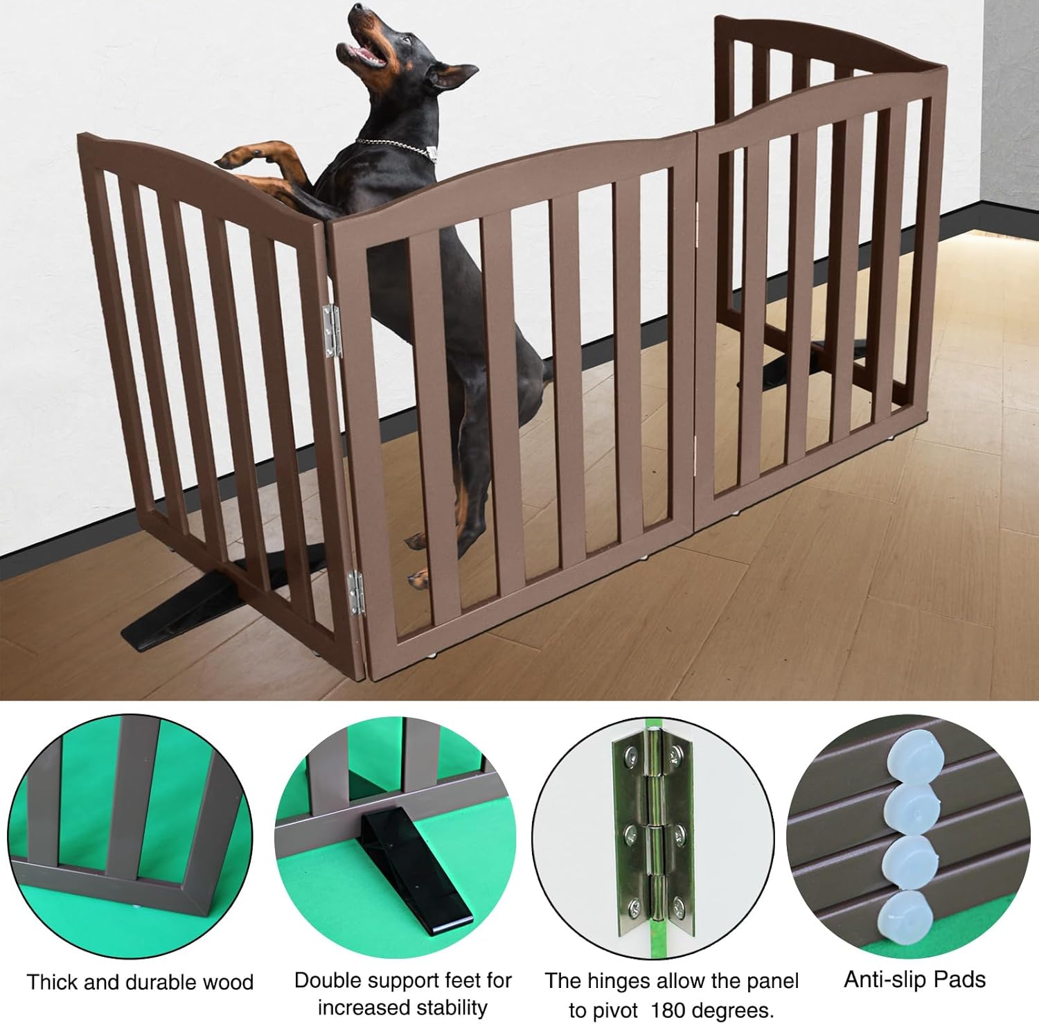 ZJSF Foldable Freestanding Indoor Dog Gate for House Wood Long Pet Gates Dog Fence for Stairs Puppy Gates for Hallways, Puppy Gate,Support Feet Included, Brown, 24 "Height-4 Panels