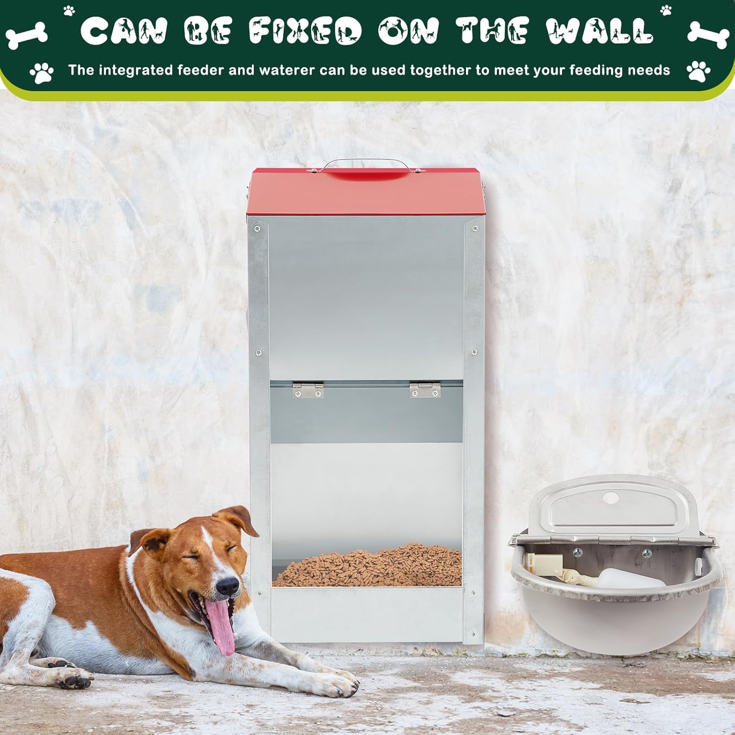 Integrated No Installation Galvanized Automatic Dog Feeder and 304 Stainless Steel Automatic Water Dispenser for Large Dogs 25lbs Outdoor Gravity Feeder Livestock Waterer