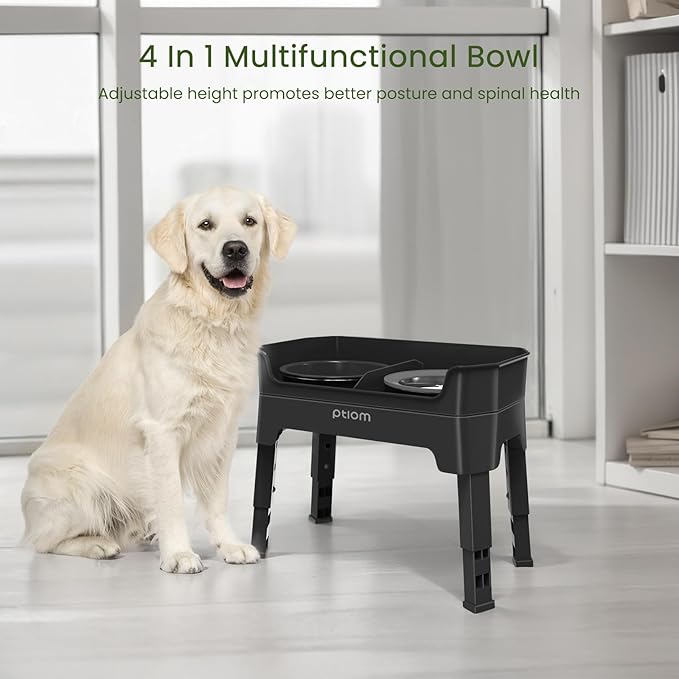 4-in-1 Elevated Slow Feeder Dog Bowls, 4 Height Adjustable Mess Proof Raised Dog Bowl Stand with No Spill Water Bowl, Stainless Steel Doggy Food Dish & Slow Feeder for Large Medium Small Pets