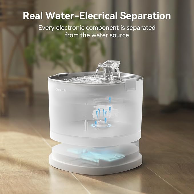 Cheerble Pumpless Cat Water Elfin Fountain, Wireless Pet Fountain Battery Operated, 2L/67oz E1+ Automatic Water Dispenser Cats & Dogs MagDrive™ Technology Stainless Steel Tray, No Cleaning Hassle