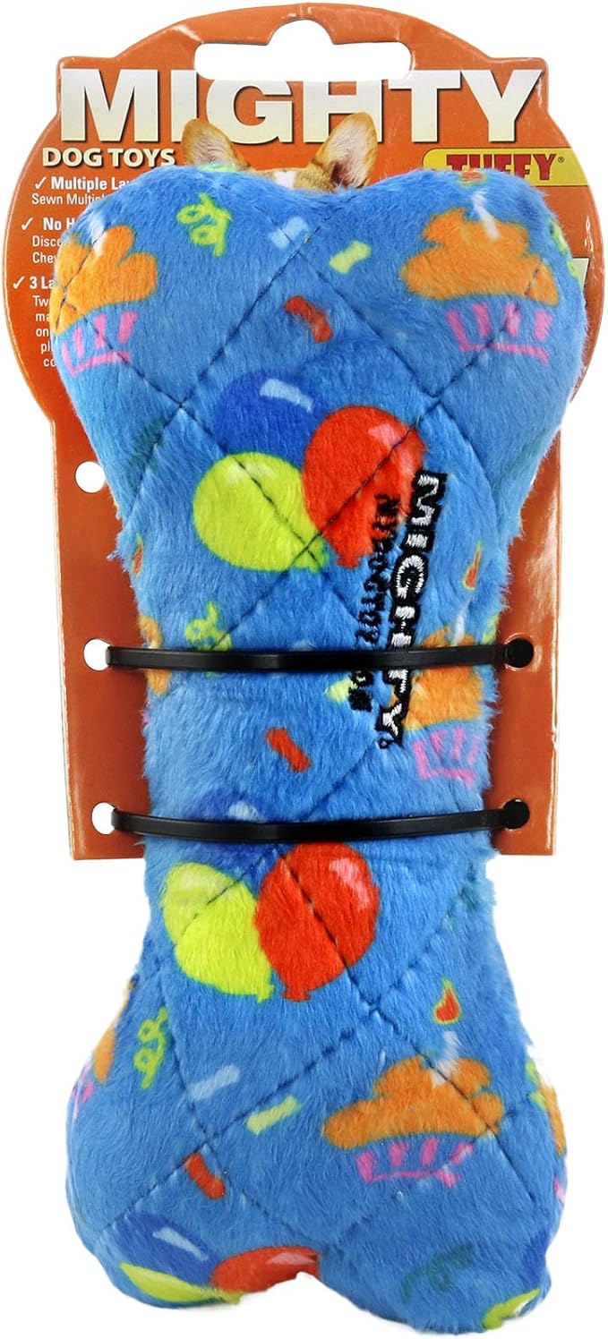 MIGHTY- NO Stuff Bone– Squeaky Plastic Core. 2-in-1 Toy. Made Durable, Strong & Tough. Interactive Play Dog Toy (Tug, Toss & Fetch). It Floats. (Celebration, Medium 2 Pack)