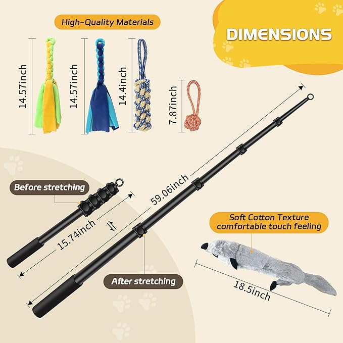 Flirt Pole for Dogs - Interactive Toys Tug-of-war for Dog, Five-Section Retractable Adjustable Length for Outdoor Exercise & Training