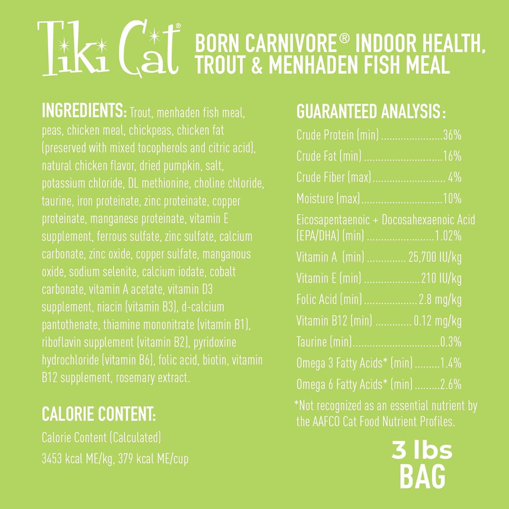 Tiki Cat Born Carnivore Indoor Health Dry Cat Food, Trout & Menhaden Fish Meal, 3 lbs. Bag