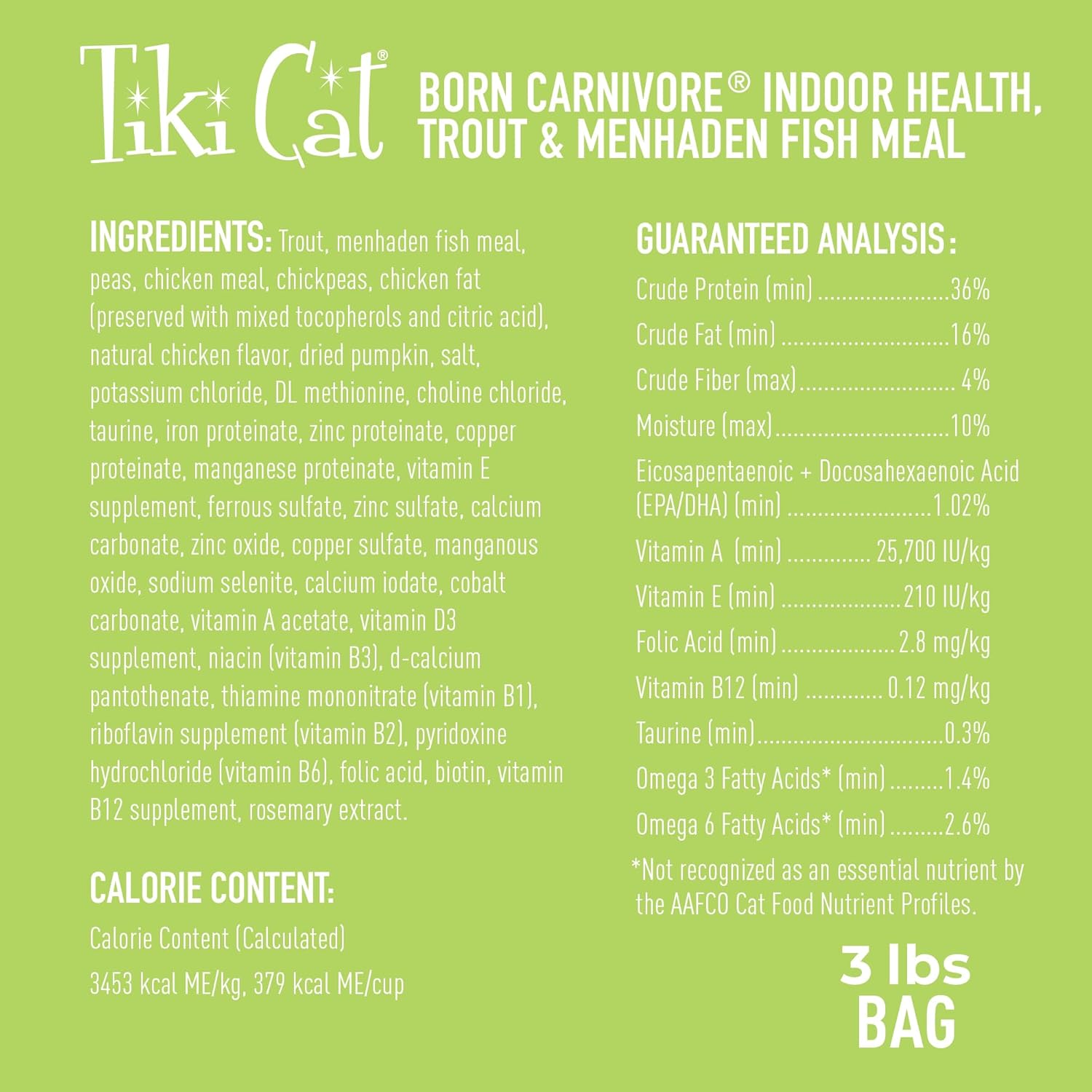 Tiki Cat Born Carnivore Indoor Health Dry Cat Food, Trout & Menhaden Fish Meal, 3 lbs. Bag