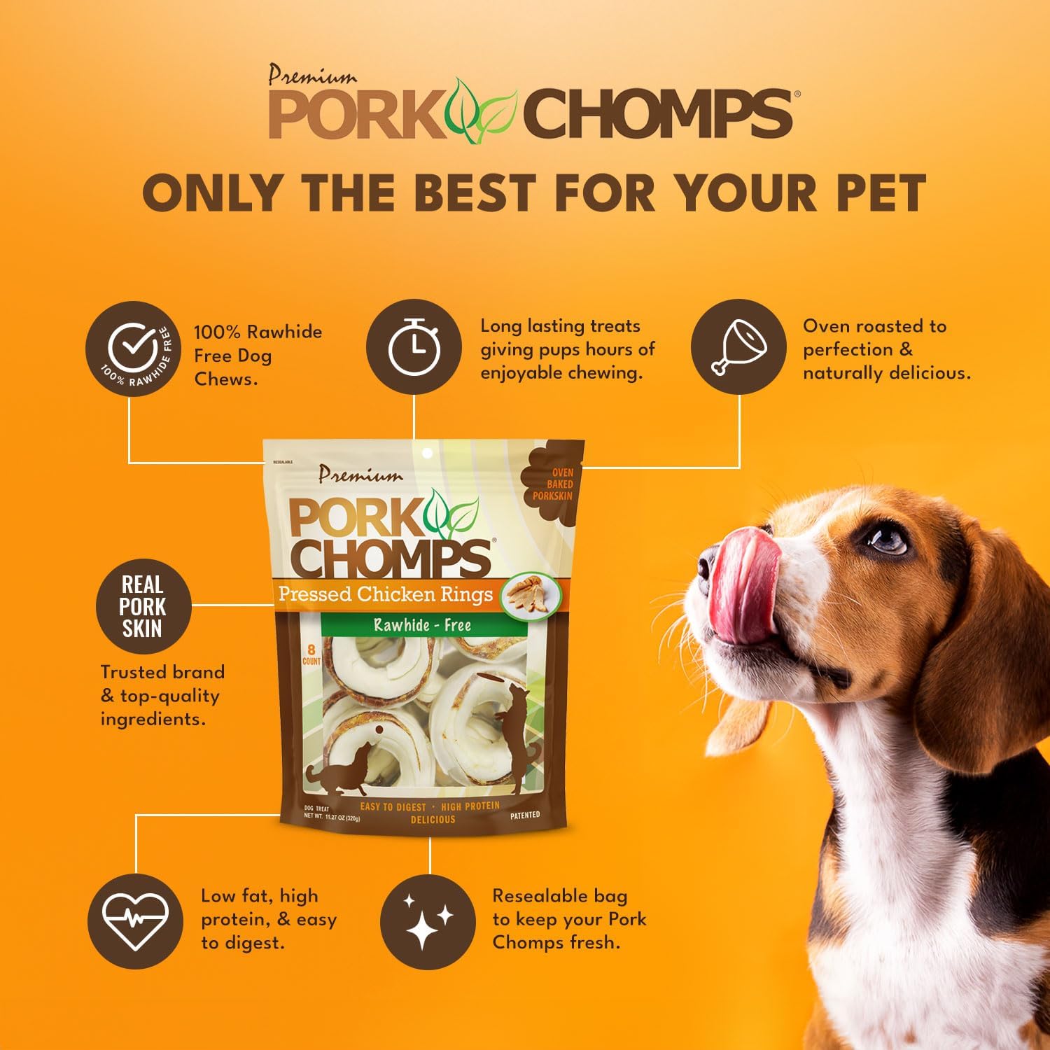 Pork Chomps Pressed Pork Skin Dog Chews, 2.5-inch Rings, Real Chicken, 8 Count (Pack of 2)