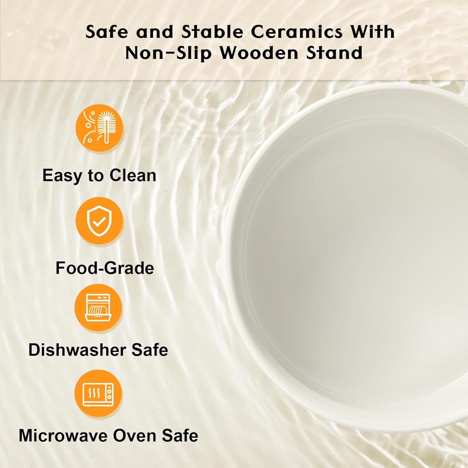 SPUNKYJUNKY Ceramic Elevated Dog Bowls 2 Pack - 6.1inch Raised Dog Bowls with Non-Slip Wooden Stand for Medium Dogs Dishwasher Safe(White,28.7OZ*2)