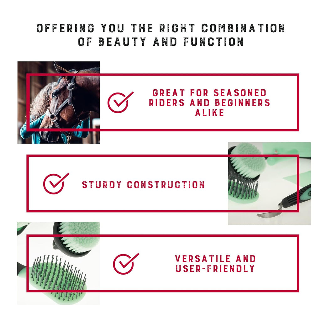 Weaver Equine 6-Piece Horse Grooming Kit, Ergonomic Gentle Horse Care Kit, Equestrian Supplies for Bathing Support, Detangling, and More, Mint/Gray