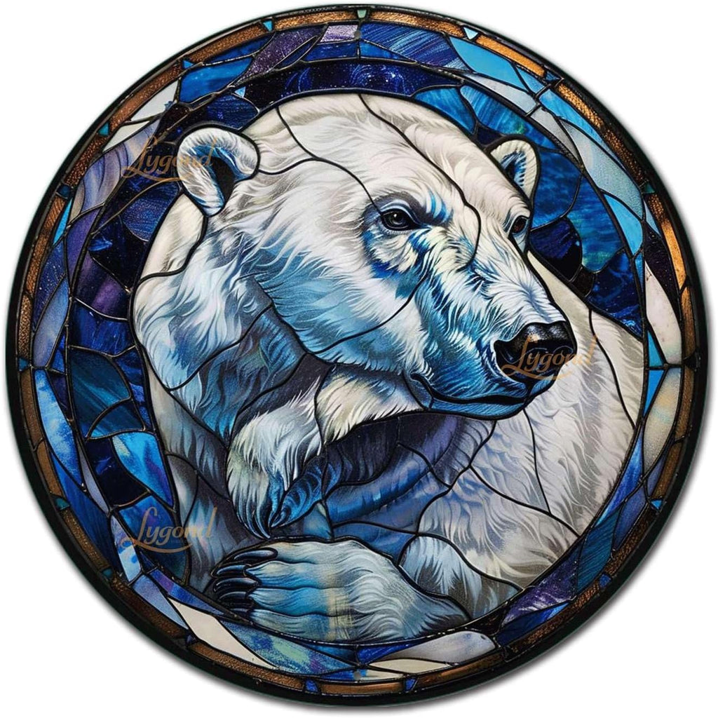 Lygond Metal Sign Tin Sign Circular Stained Glass Polar Bear Minimalist Wall Art for Gift 12×12 Inches