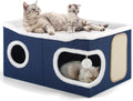 Cat Beds for Indoor Cats, Extra Wide Cat Cube House for Multi Cats, Foldable Cat Cave Hideaway with Arc-Edge Design & Oval Door, Double-Side Soft Cushion for All Seasons, 24"L x 17.7"D x 12.6"H, Blue