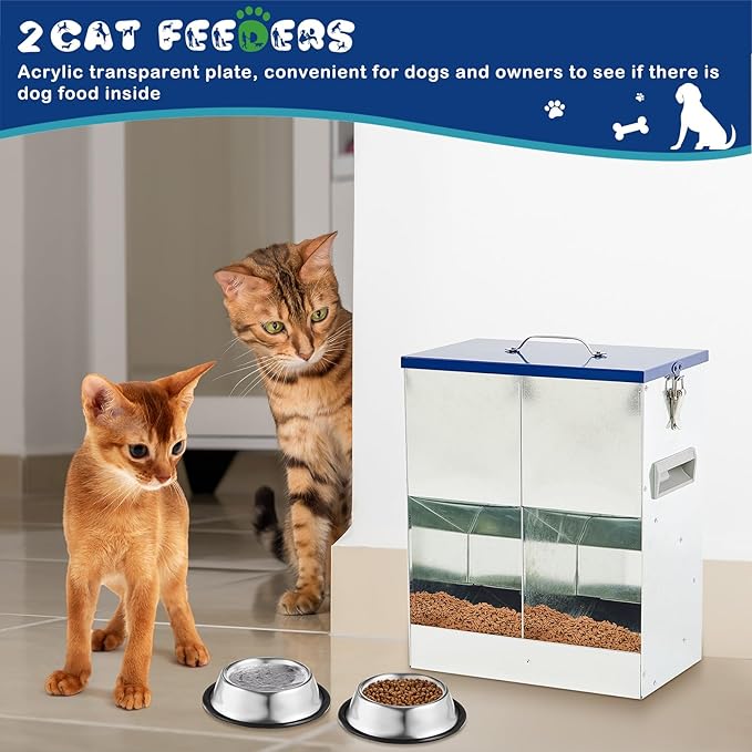 Automatic Feeder for 2 Cats Outdoor Galvanized 42cups/10l Double Feeder with 2 Stainless Steel Water Bowls for Small Pets Cats Dogs Outdoor Indoor Dry Food Dispenser