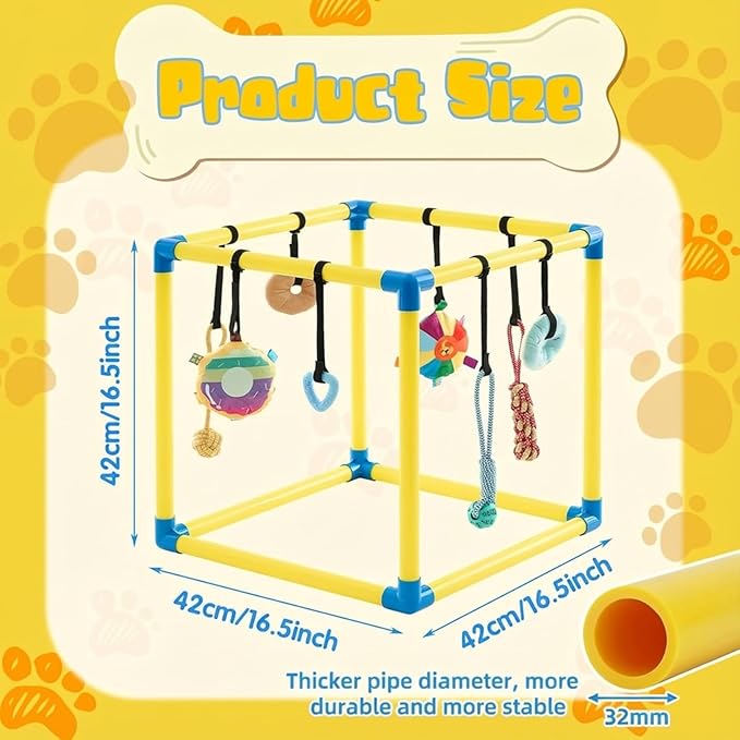 Soulchen Puppy Play Gym with 8 Hanging Toys, Small Dogs Enrichment Interactive Toys 16.5 Inch Pets Indoor Jungle Gym PVC Frame with Bungee Straps Enrichment Activity Center