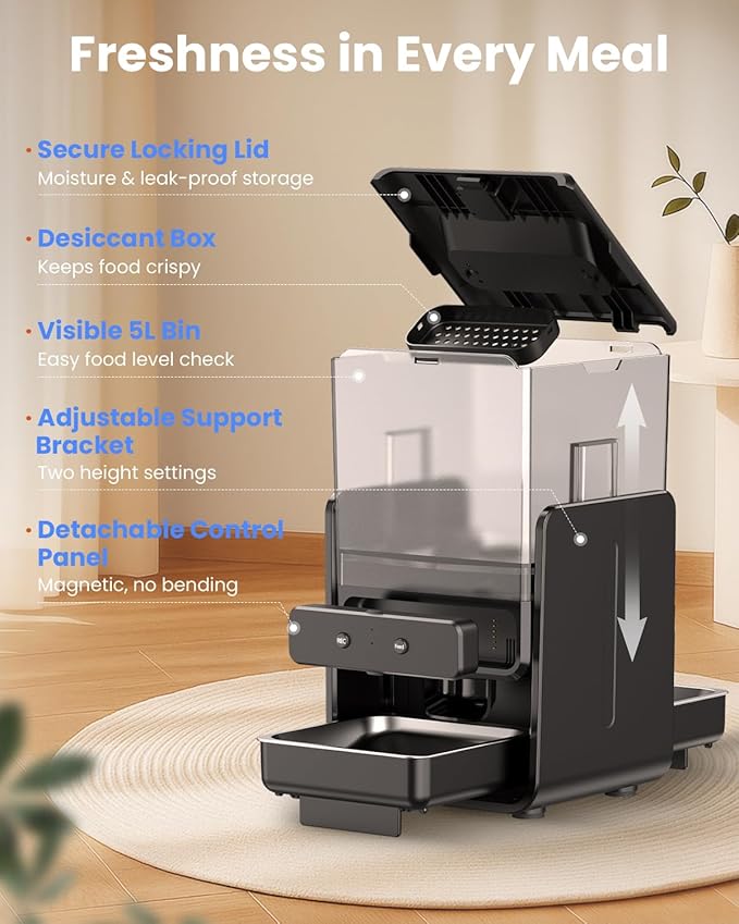 Automatic Cat Feeder with 5G WiFi for 2 Cats, Adjustable Height for Small Pets, Dual Bowls, 20 Cups/5L Dry Food Auto Pet Dispenser, Voice Record, Timed Cat Feeder with APP Control