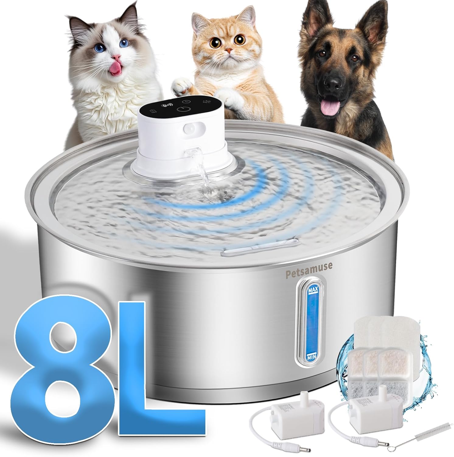 Wireless Dog Water Fountain, 2.1Gal/8L Battery Operated Stainless Steel Pet Water Fountain Motion Sensor Dog Water Bowl Fountain Large Dog Bowl Inside with 3 Filters and 2 Ultra Quiet Pumps