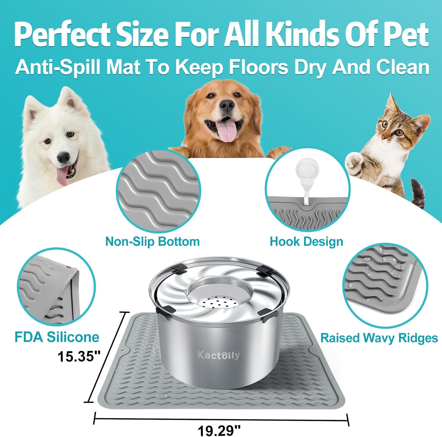 1.5 Gal Dog Water Bowl No Spill, 5.6L Stainless Steel Bowls and Non-Slip Dog Bowl Mats for Food and Water, Silicone Pet Feeding Mats for Floors Waterproof